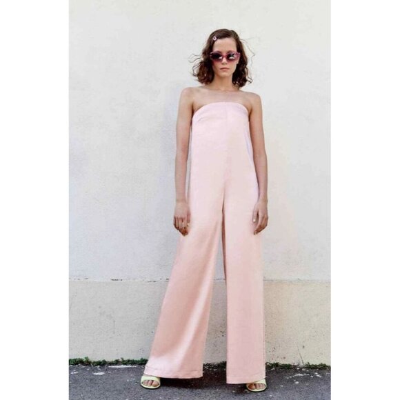 Zara Womens Bloggers Favorite Strapless Satin Effect Jumpsuit Pale Pink Medium - Picture 12 of 13